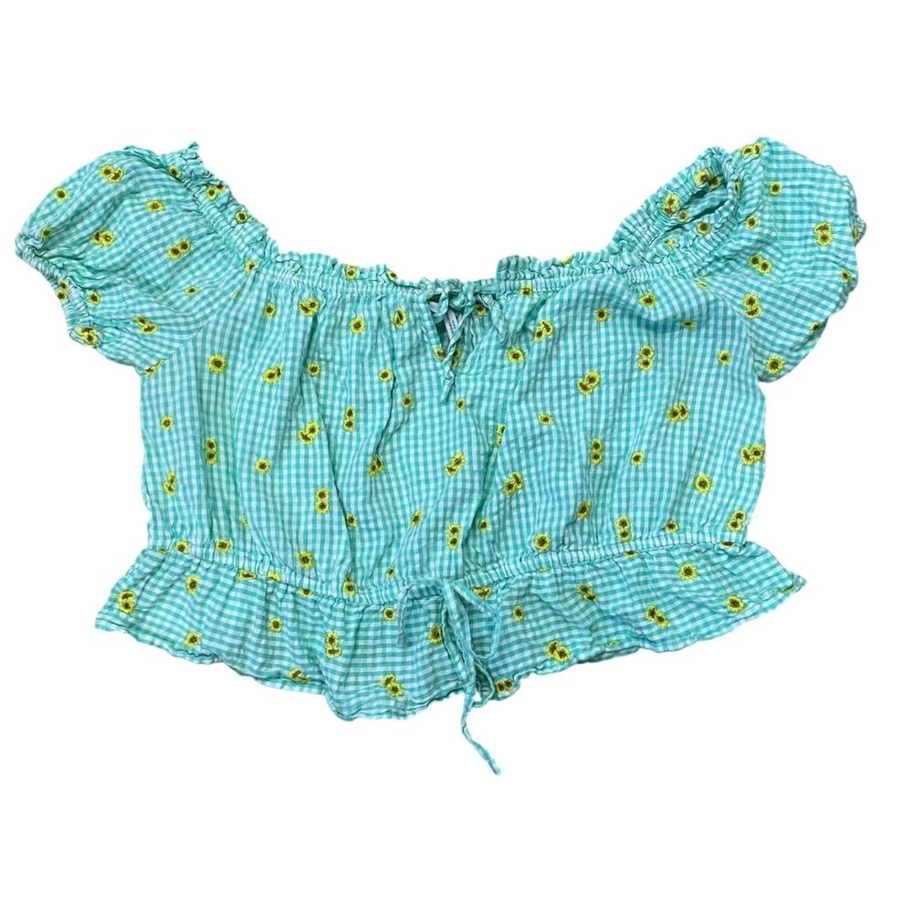 Asos Cropped Top Teal Gingham Yellow Sunflowers Peasant Sz 20 Off Shoulder